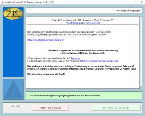 Installer, Schritt 1: die Nutzungsbedingungen mit dem Haken zum Zustimmen