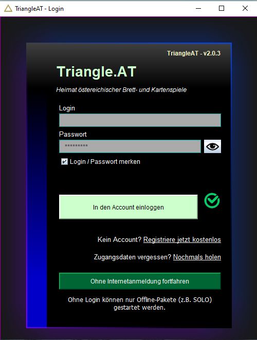Anmeldefenster des Launchers mit Login und Passwort sowie dem Weg ohne Anmeldung fuer Offline-Pakete