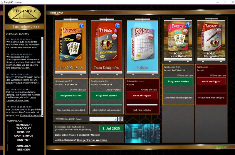Launcher im Onlinemodus: links die Kurznachrichten, rechts die Kacheln der Produkte