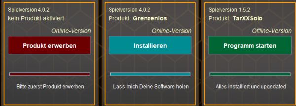 Drei Produktkacheln nebeneinander: Produkt erwerben, installieren und Programm starten