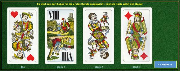 Ermittlung des Gebers: vier aufgedeckte Karten, die hoechste bestimmt den Geber